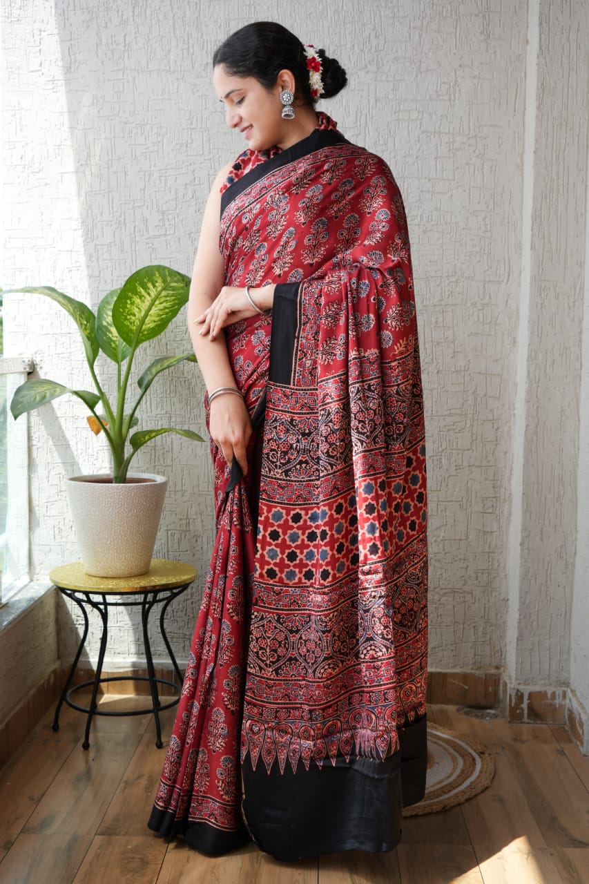 Maroon Ajrakh Handblock Printed Saree with Floral Boota Motif – Modal Silk Natural Dye Textile